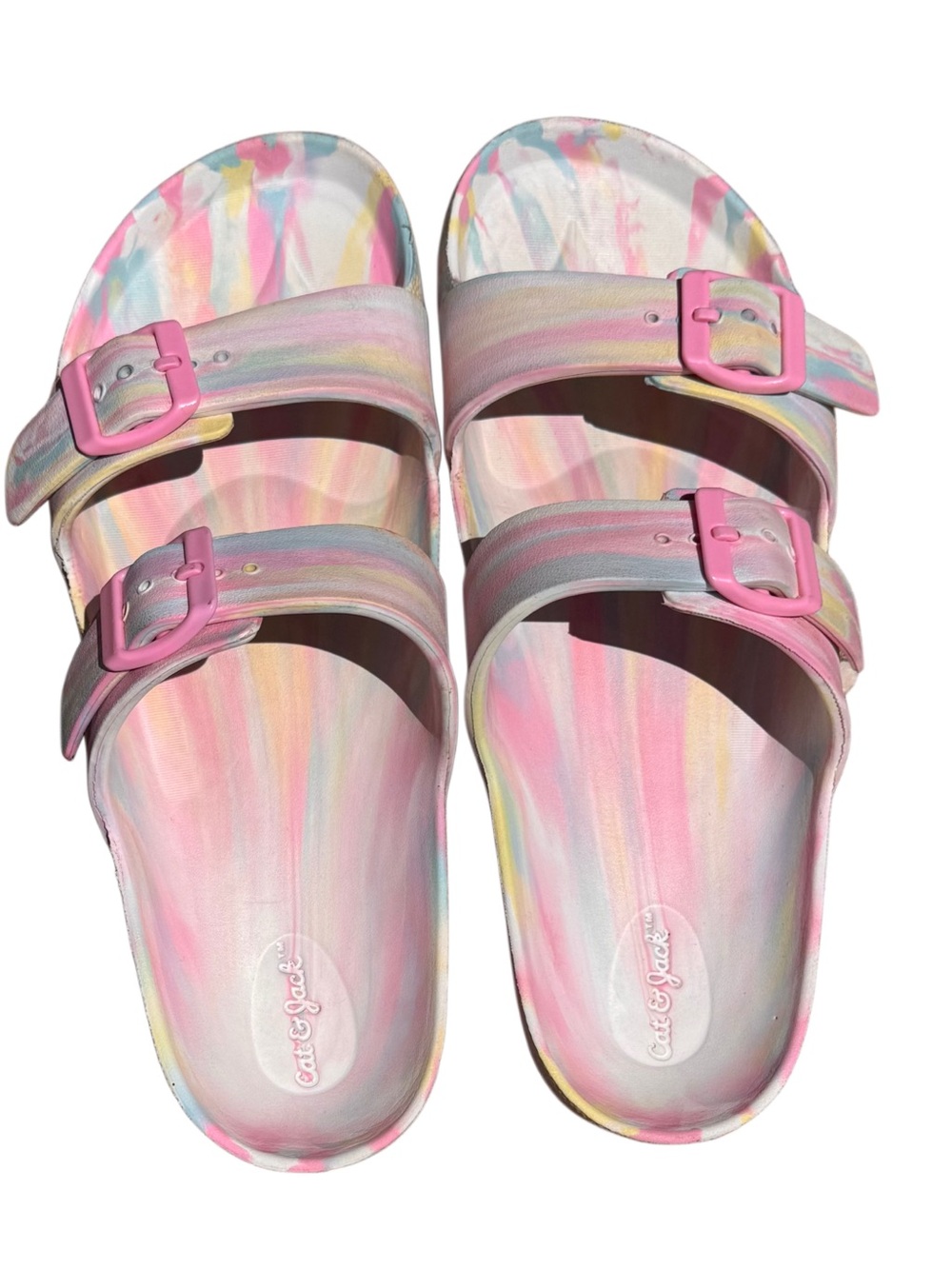 GUC SZ 4 big girl/women cat & jackPastel Tie-Dye Slide Sandals with Pink Buckles